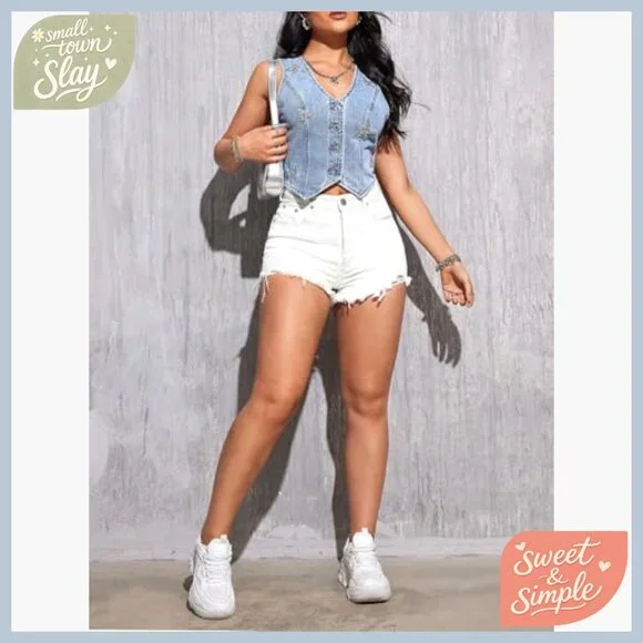 Sleeveless Denim Vest Top with Rhinestone Star Buttons and V-Neck
